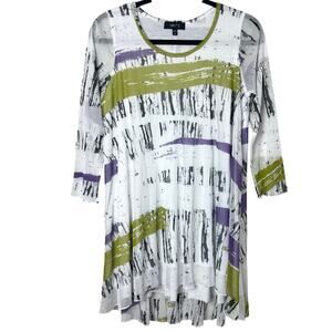 Comfy USA Mesh Dress Abstract Print Lagenlook Artsy Boho 3/4 Sleeves Size Small